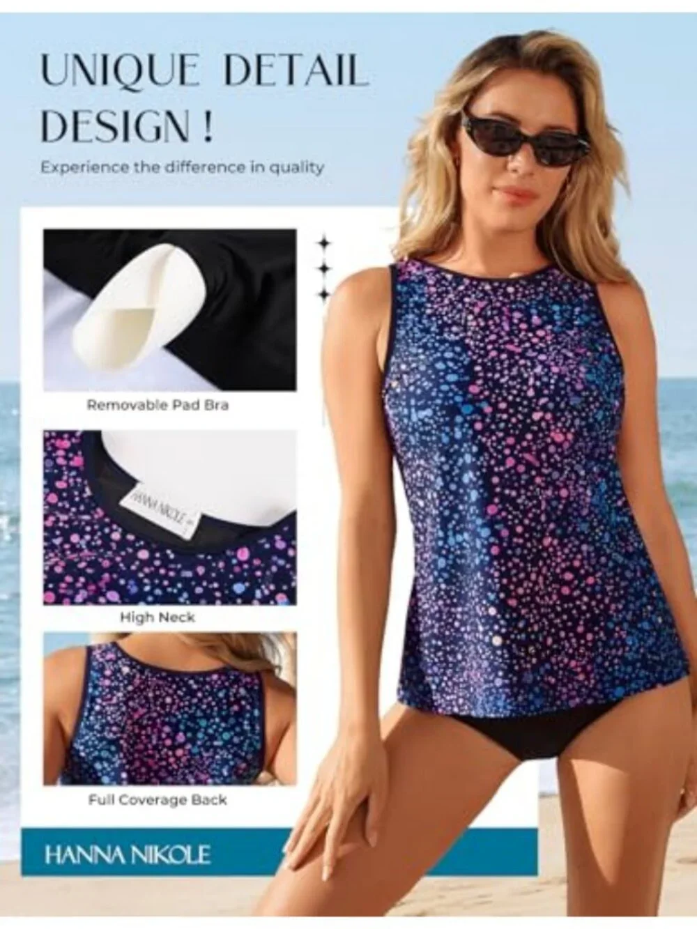 Women's High Neck Tankini Top Tummy Control Swimsuit UPF 50+ Removable Padded